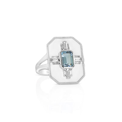 14K White Aquamarine and Natural Diamond Ring Size 6.5