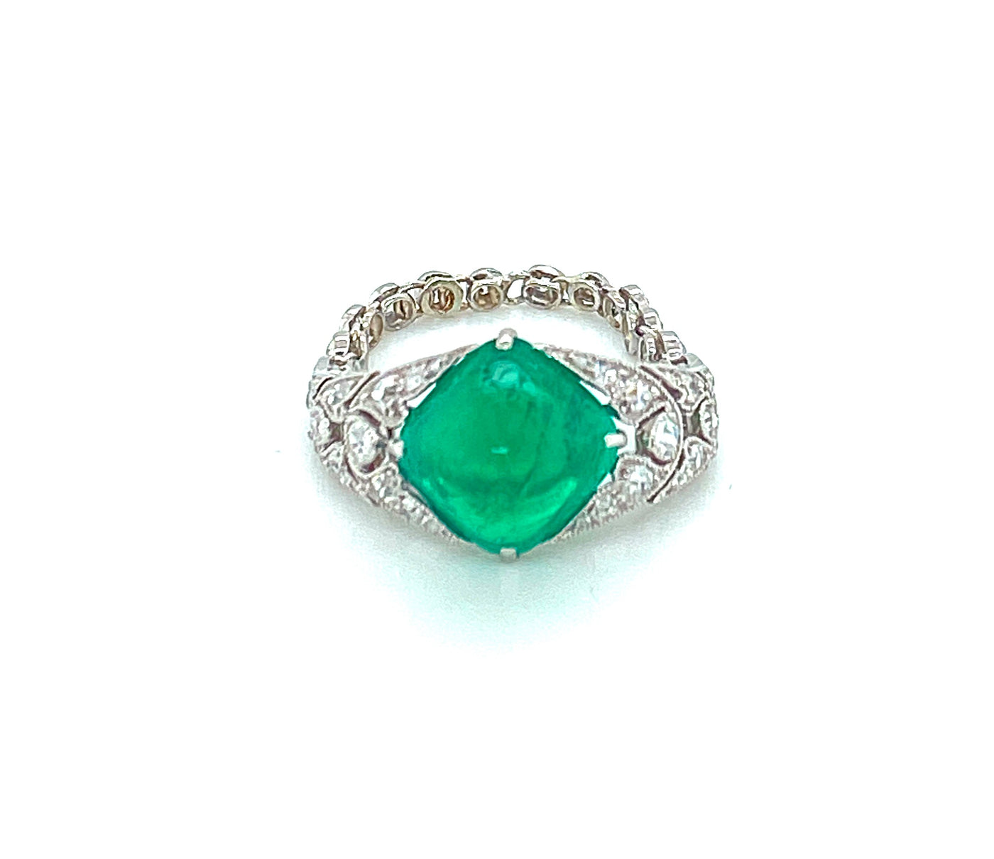 Platinum Vintage Emerald and Natural Diamond Ring Size 6