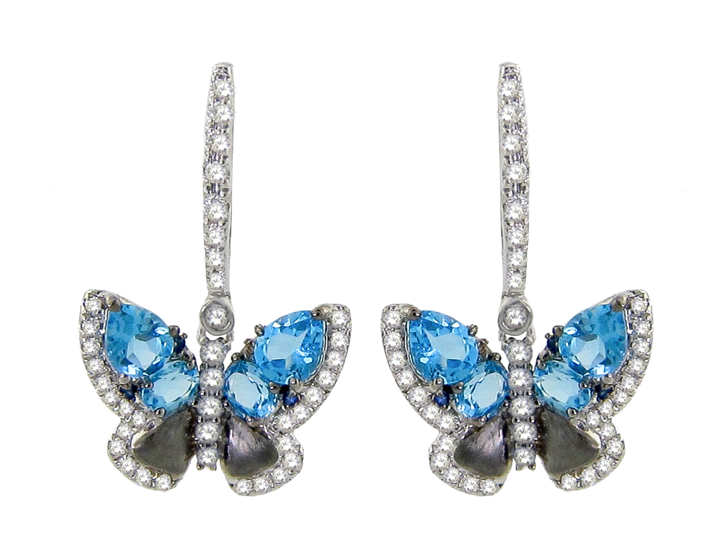 14K White Blue Topaz and Natural Diamond Butterfly Earrings