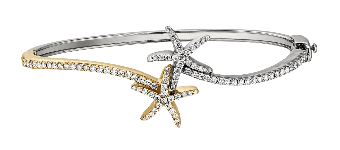 14K Yellow & White Natural Diamond Starfish Bangle Bracelet