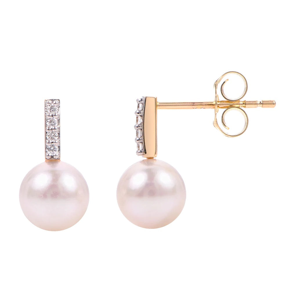 14K Yellow 6 mm Grade A Cultured Akoya Pearl and Natural Diamond Drop Earrings