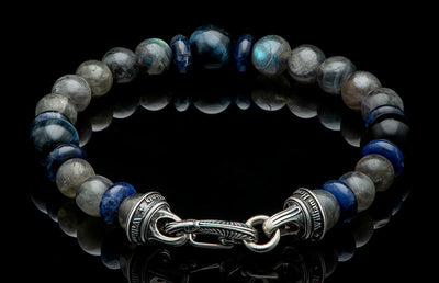 Sterling Silver "MAGICIAN" Blue Tiger Eye, Sodalite 8.5 inch Bracelet