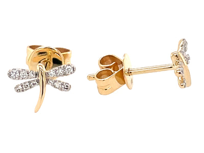 14K Yellow Dragonfly Natural Diamond Stud Earrings