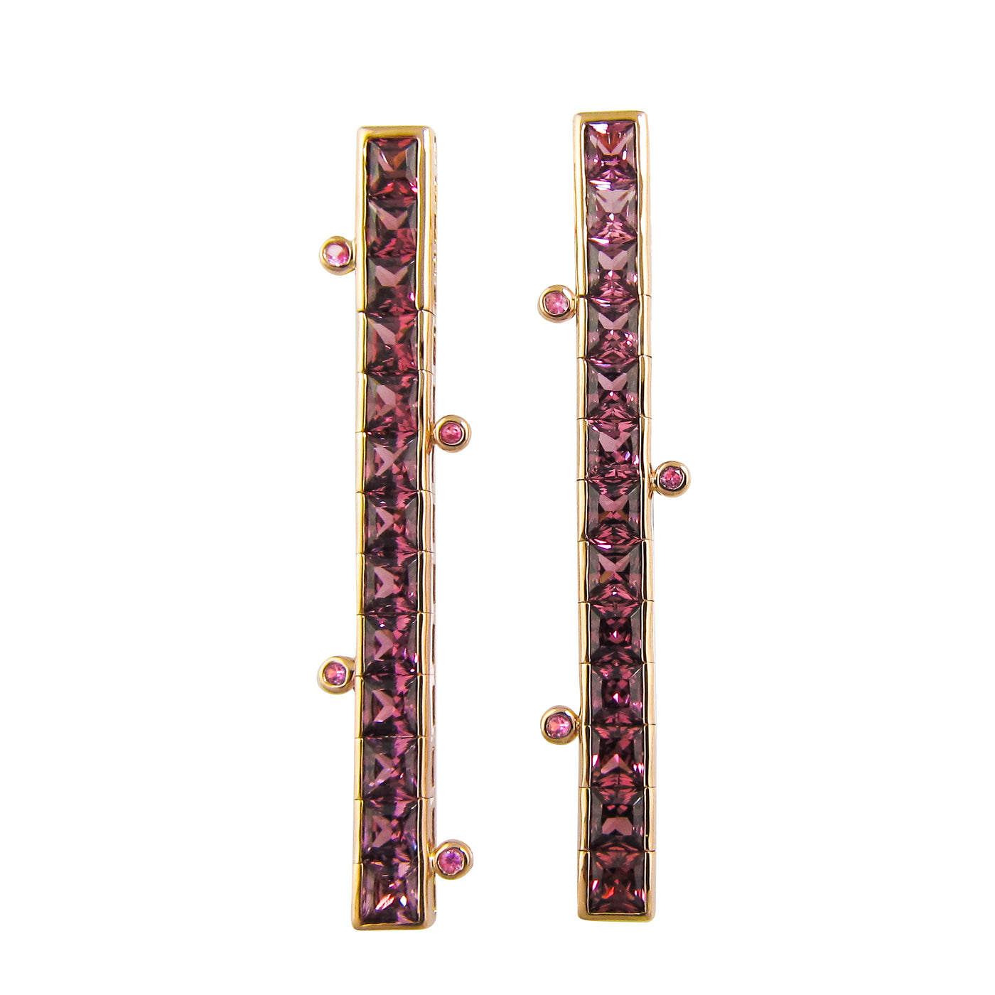 14K Rose Rhodolite Garnet, Pink Sapphire and Natural Diamond Stiletto Earrings