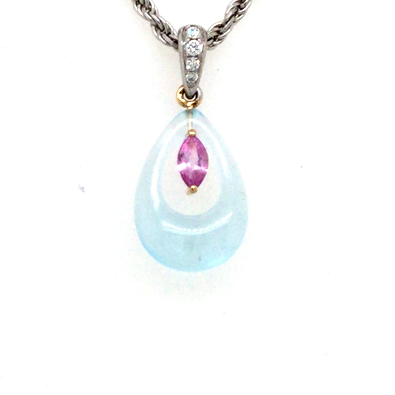 18K Yellow & White Blue Topaz, Pink Sapphire and Natural Diamond Pendant