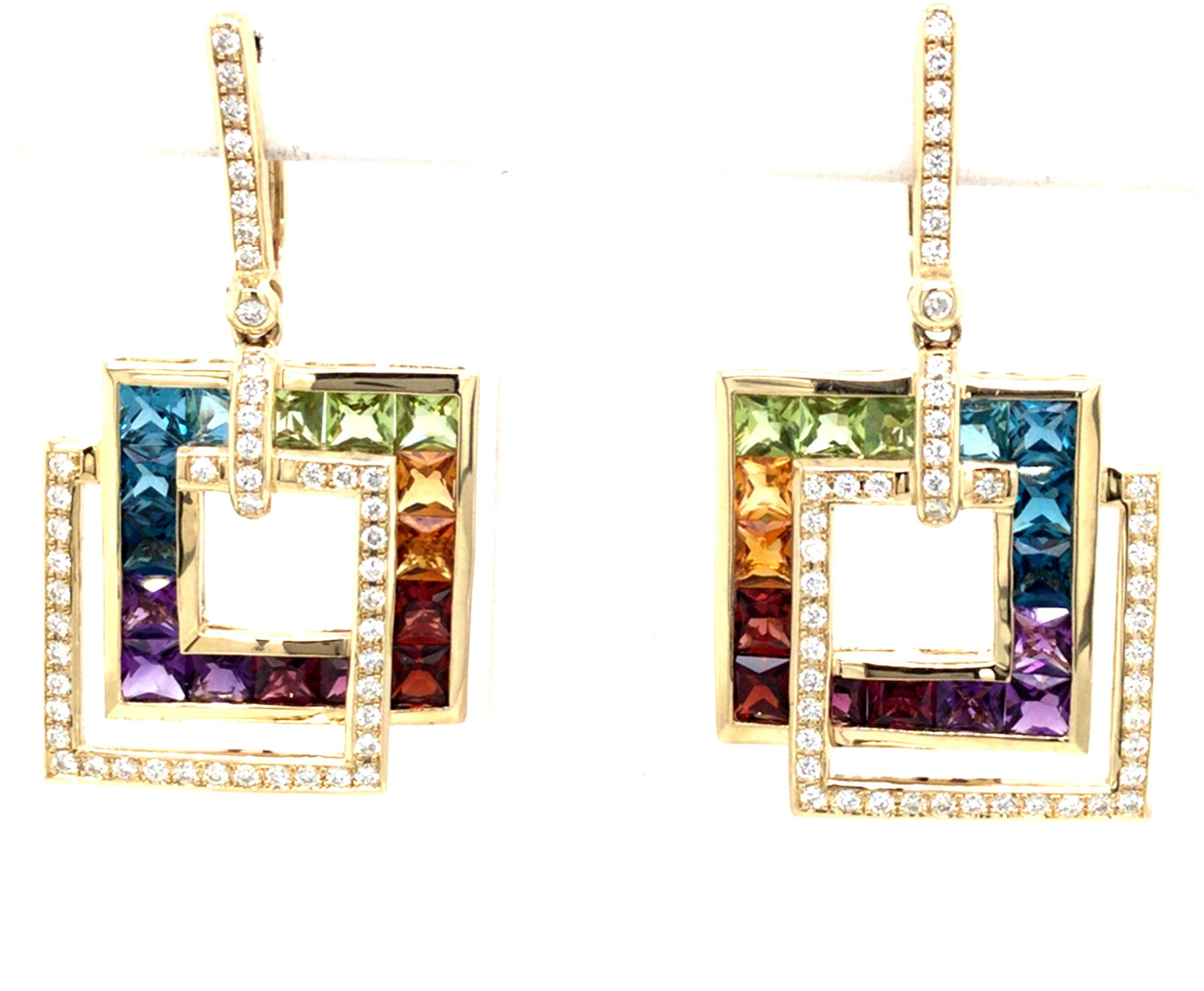 14K Yellow Multi-Colored Gemstone and Natural Diamond Dangle Earrings