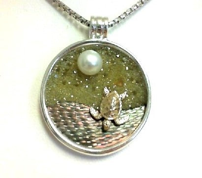 18 inch 5.5 mm Fresh Water Pearl and Natural Diamond Turtle in pond Necklace Sterling and 14K Yellow