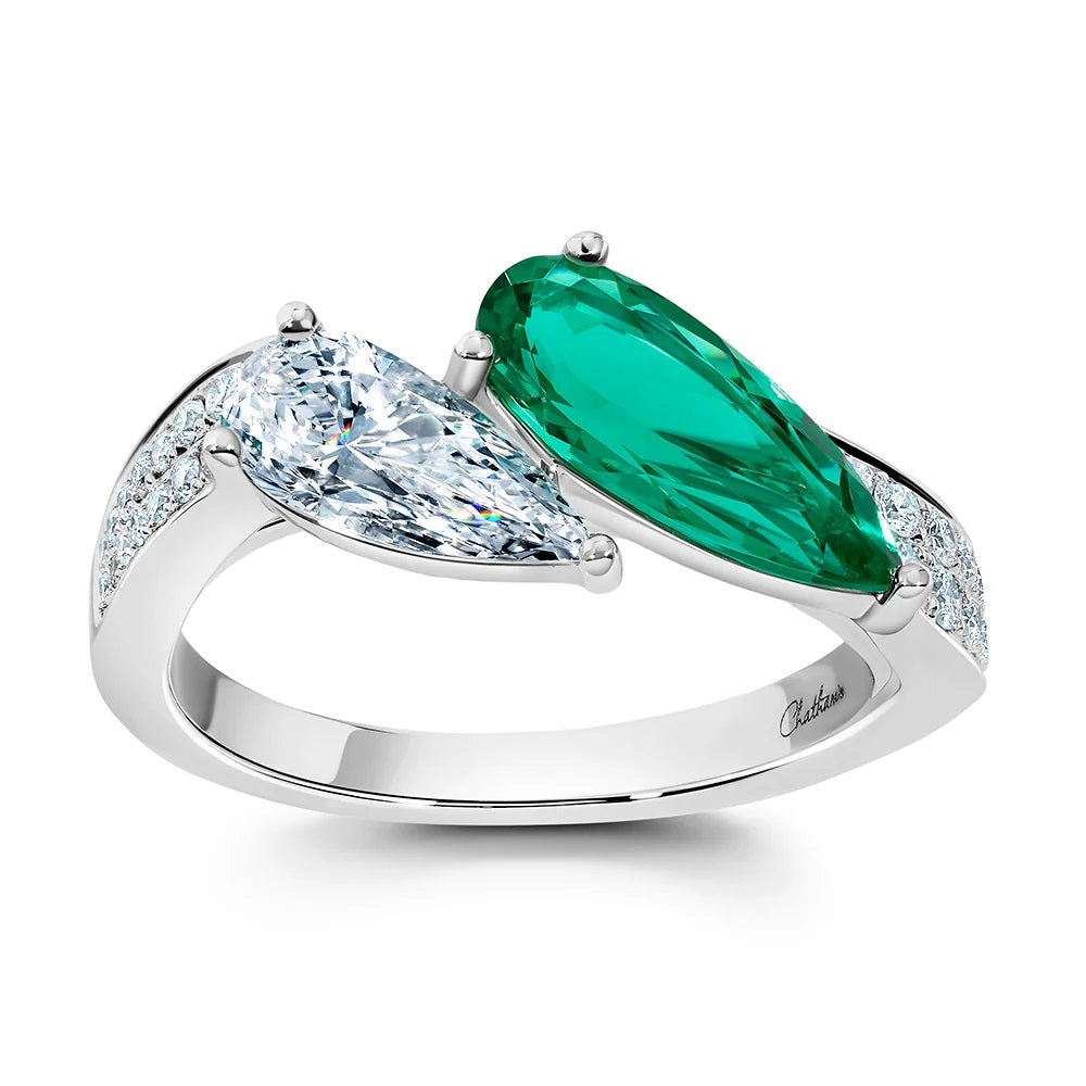 18K White Chatham Emerald and Lab Grown Diamond Ring Size 6.5