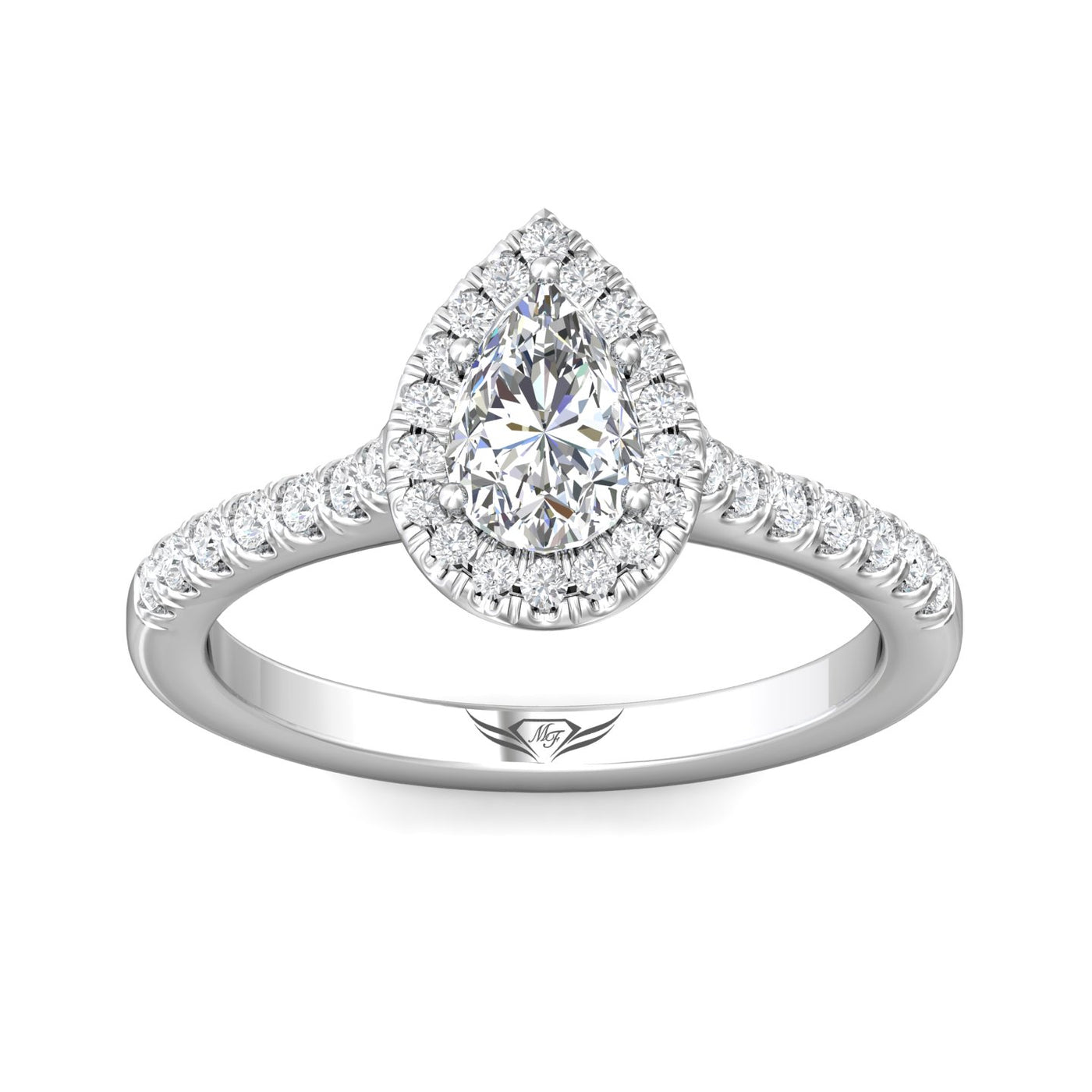 14K White Pear Natural Diamond Halo Engagement Ring