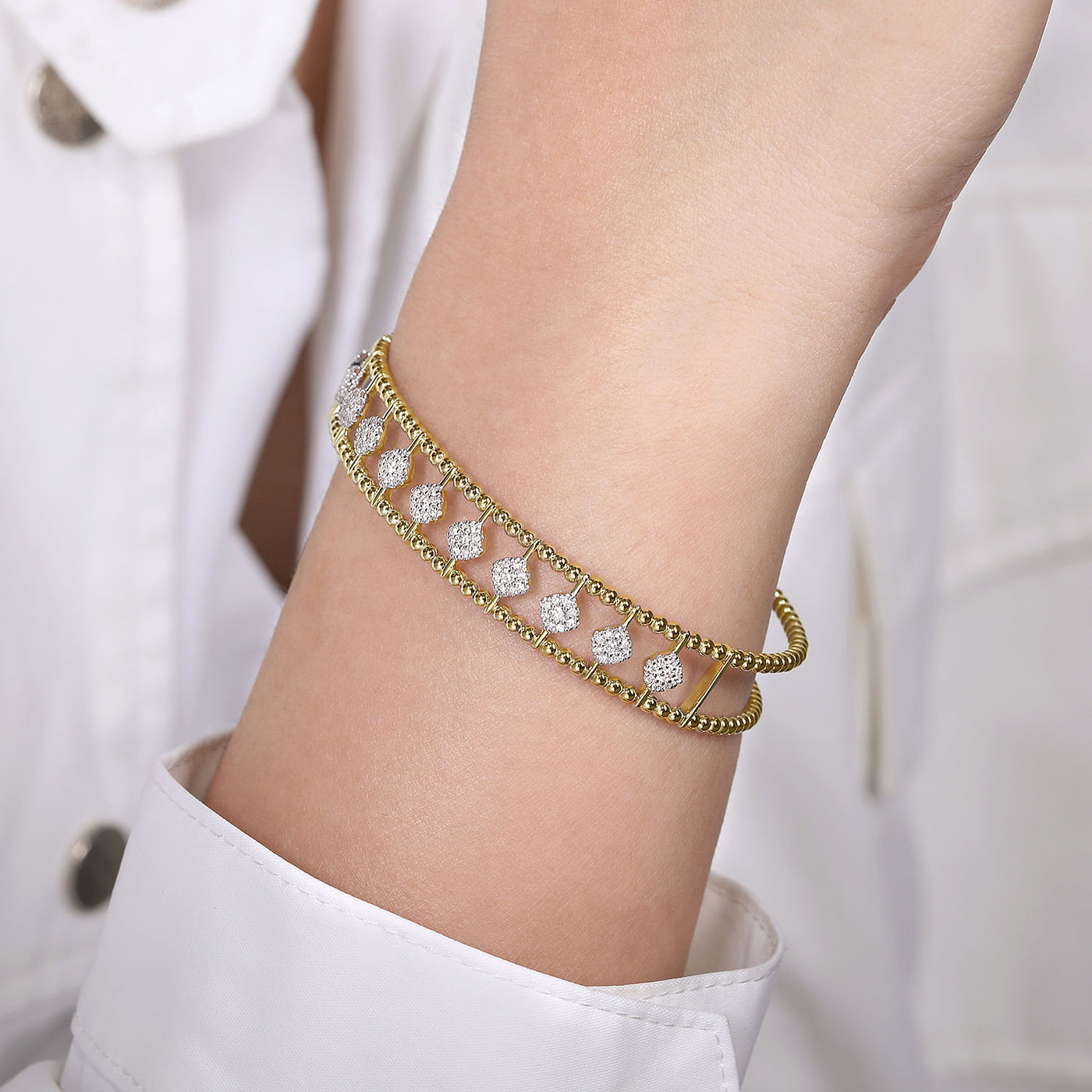 14K Yellow & White Natural Diamond Cuff Bracelet