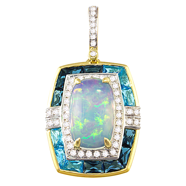 14K Yellow Gold Opal and Blue Topaz and Natural Diamond Pendant