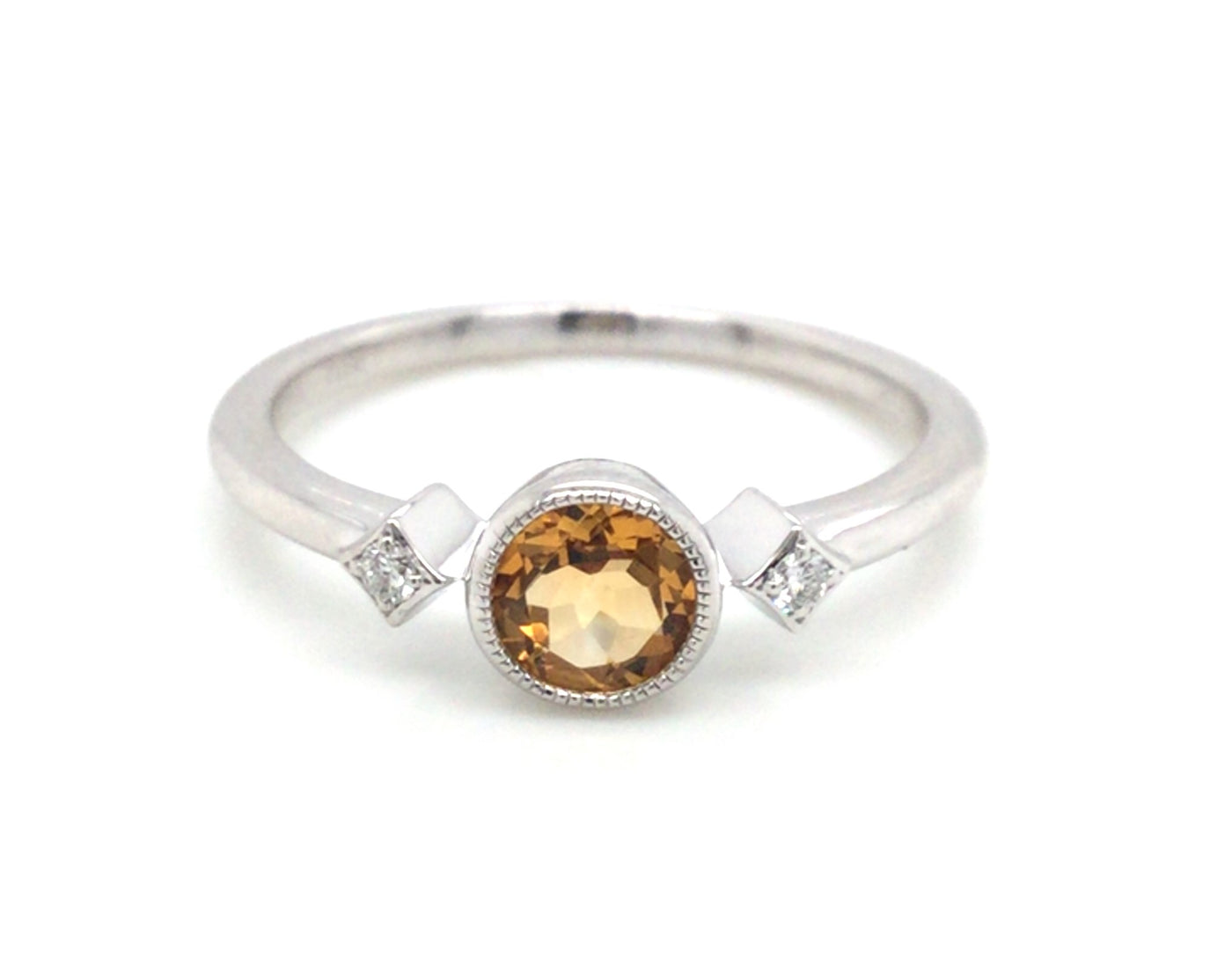 14K White Contemporary Citrine and Natural Diamond Ring Size 6.5