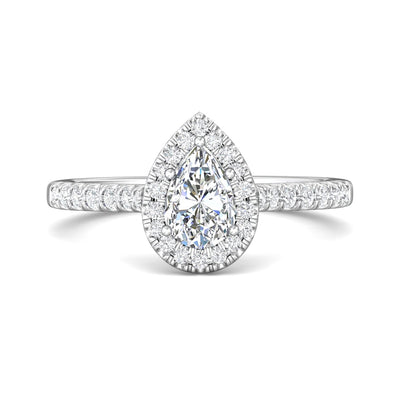 14K White Pear Natural Diamond Halo Engagement Ring