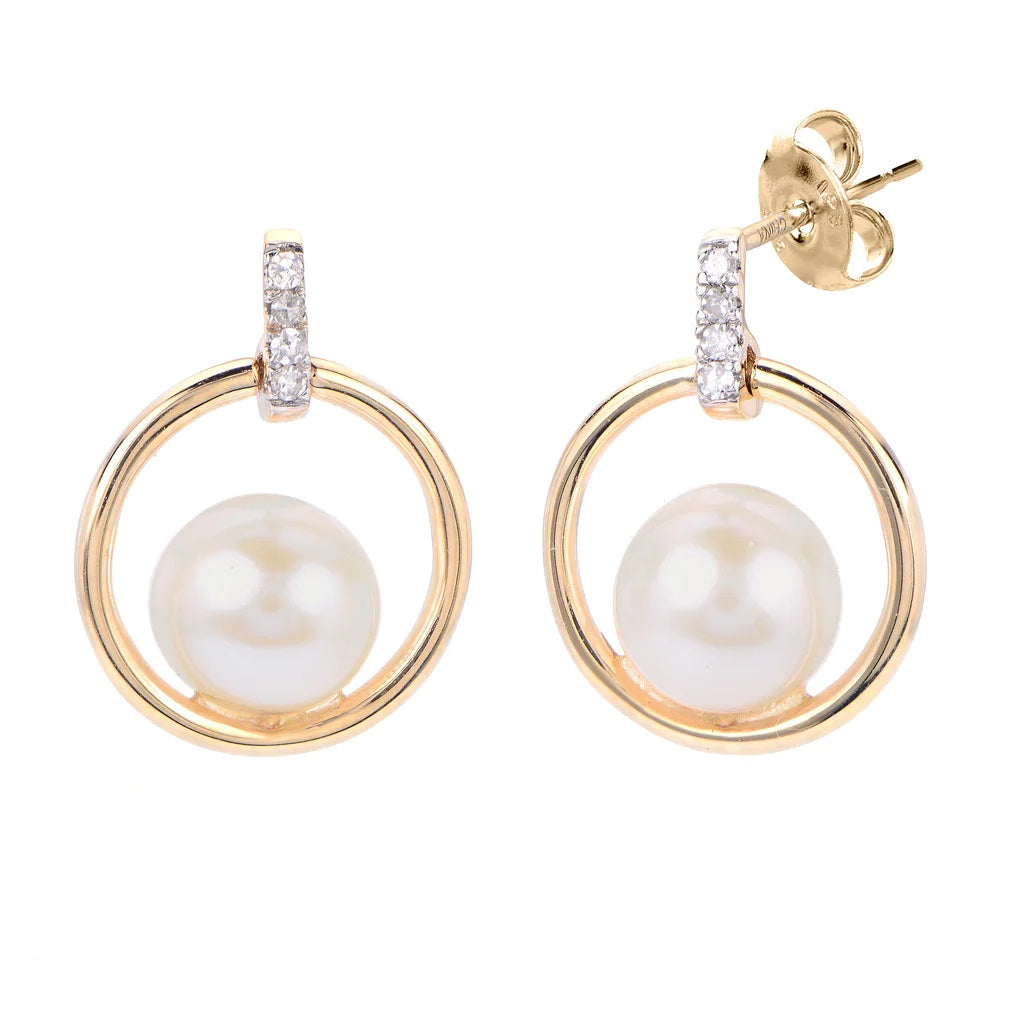 14K Yellow 5.5-6 mm Fresh Water Pearl and Natural Diamond Dangle Earrings