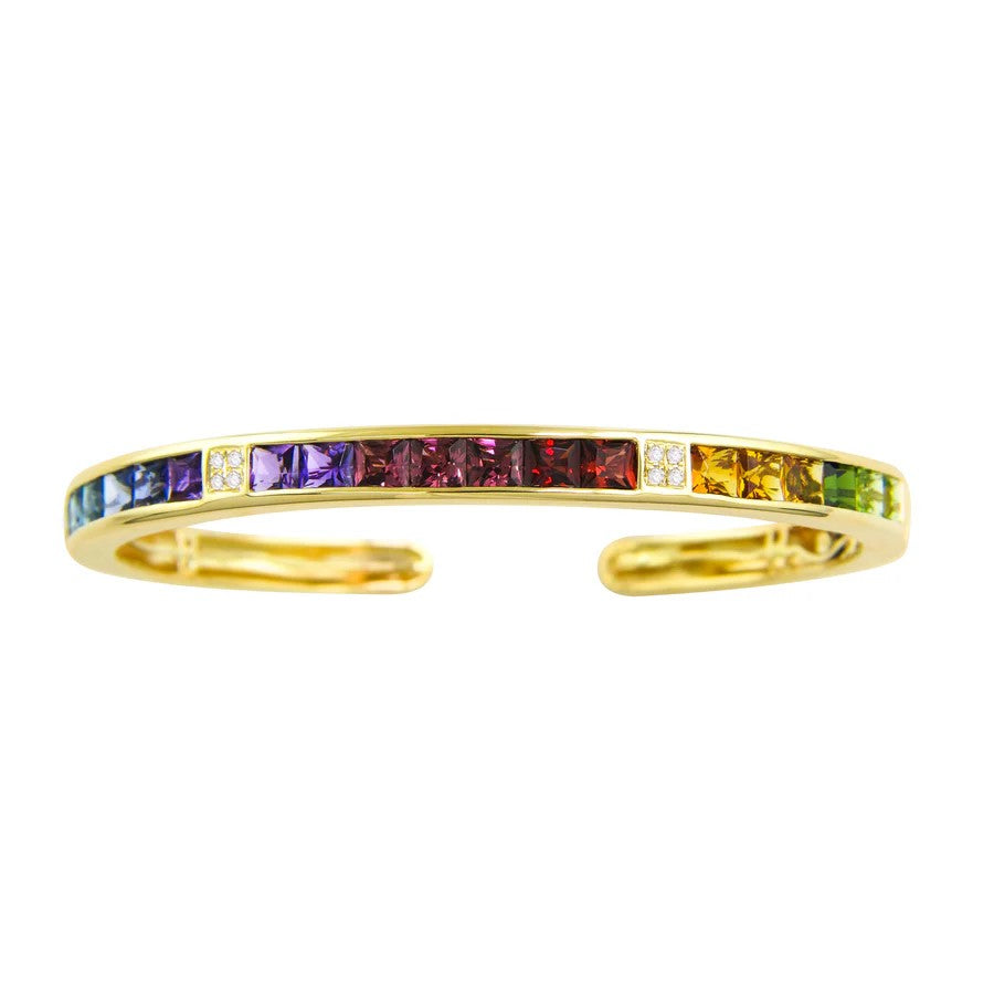 14K Yellow Gold Multi-Gemstone and Natural Diamond Hinged Bangle Bracelet