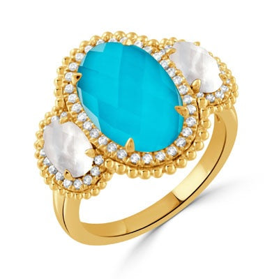 18K Yellow Turquoise, Mother of Pearl and Natural Diamond Ring Size 6.5