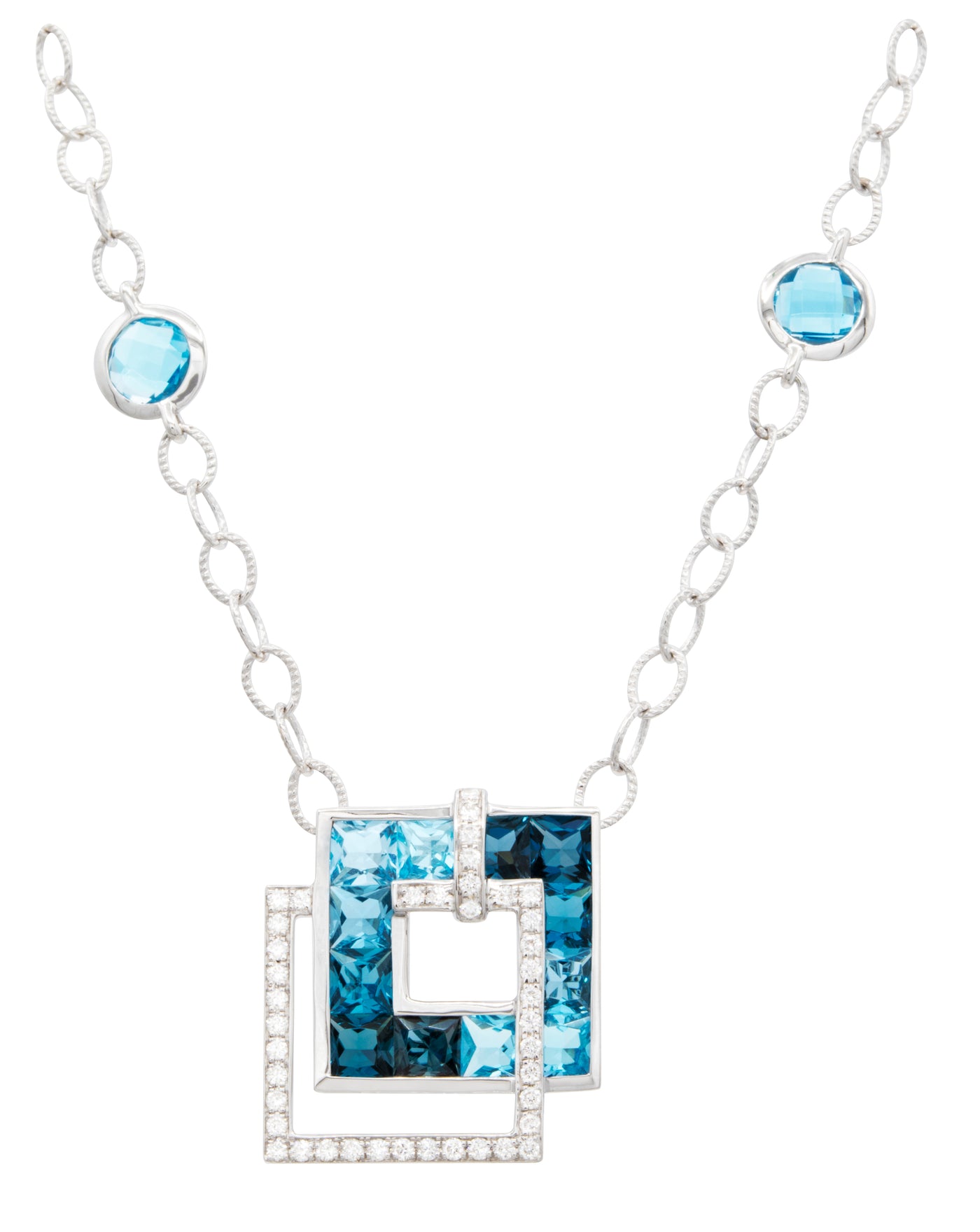 14K White Gold Blue Topaz and Natural Diamond Necklace