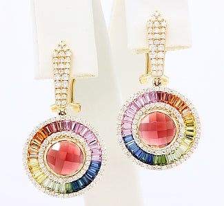 14K Yellow Multi-Colored Gemstone and Natural Diamond Dangle Earrings