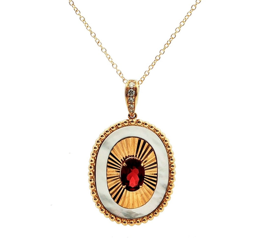 18K Yellow Gold Garnet, Mother of Pearl and Natural Diamond Necklace