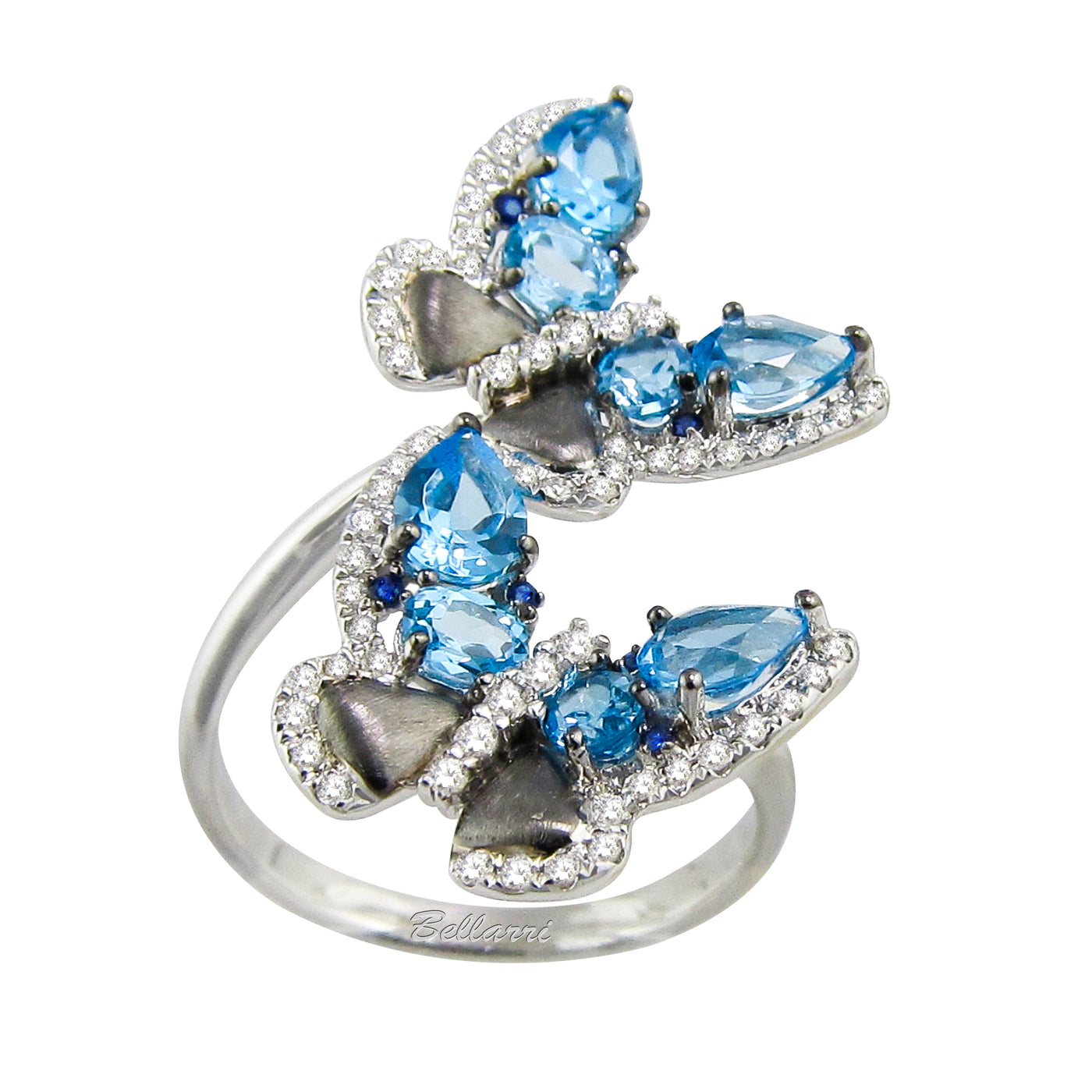 14K White Butterfly Blue Topaz and Natural Diamond Ring Size 7