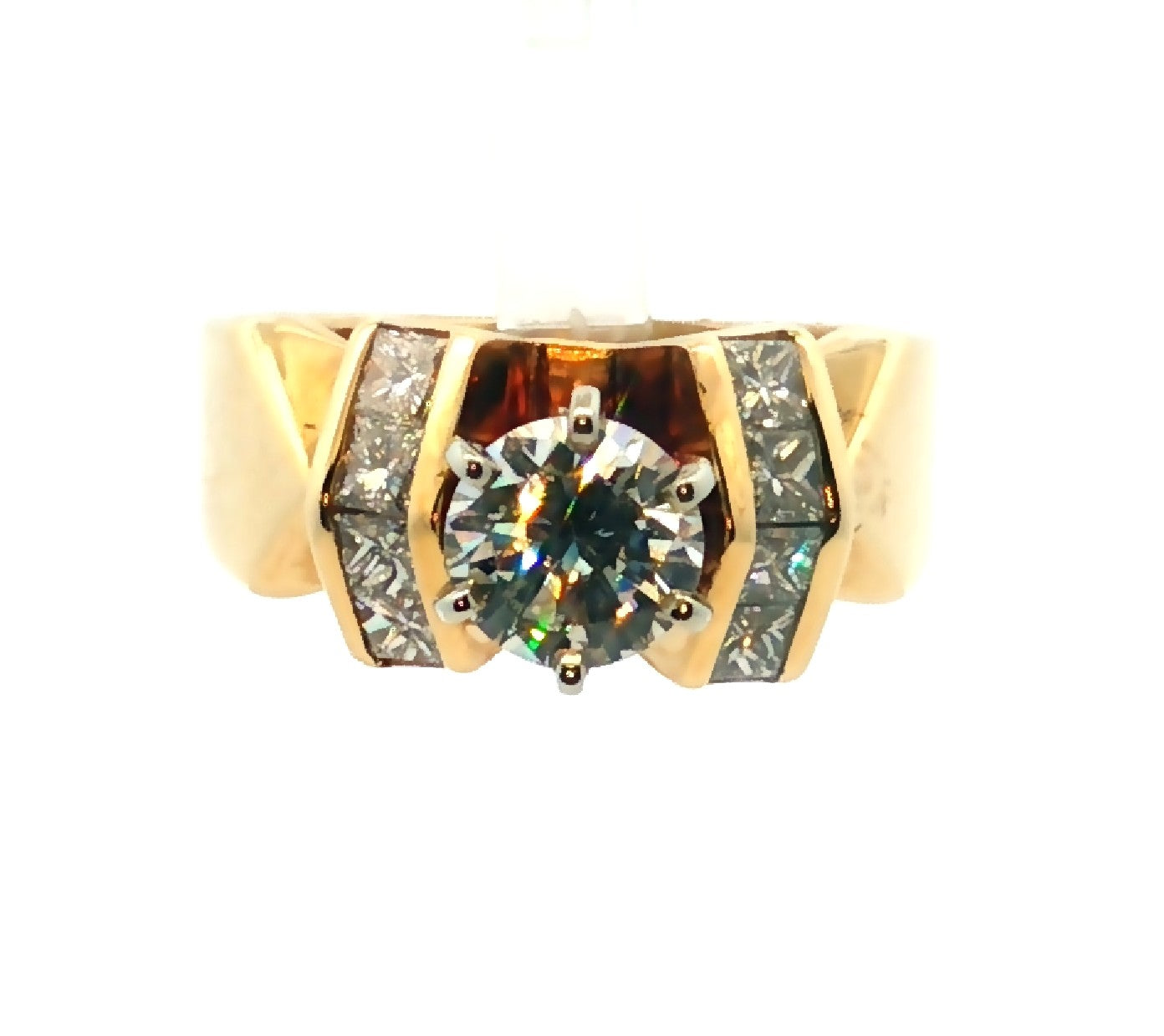 14K Yellow Gold Round Brilliant Cut Natural Diamond Contemporary Engagement Ring