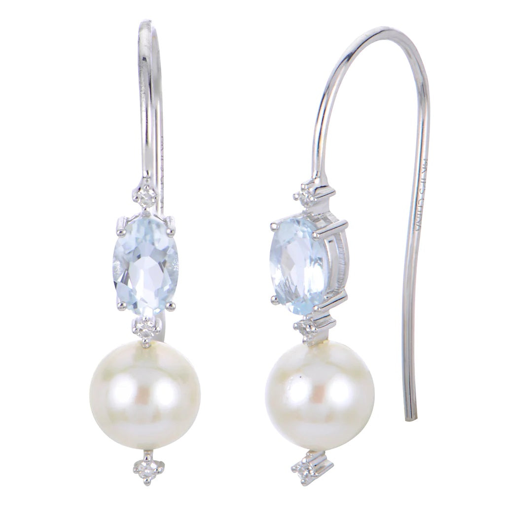 14K White 7 mm Fresh Water Pearl, Aquamarine and Natural Diamond Dangle Earrings