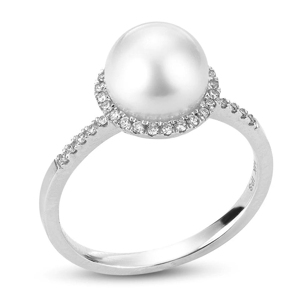 14K White Cultured Akoya Pearl and Natural Diamond Ring Size 7