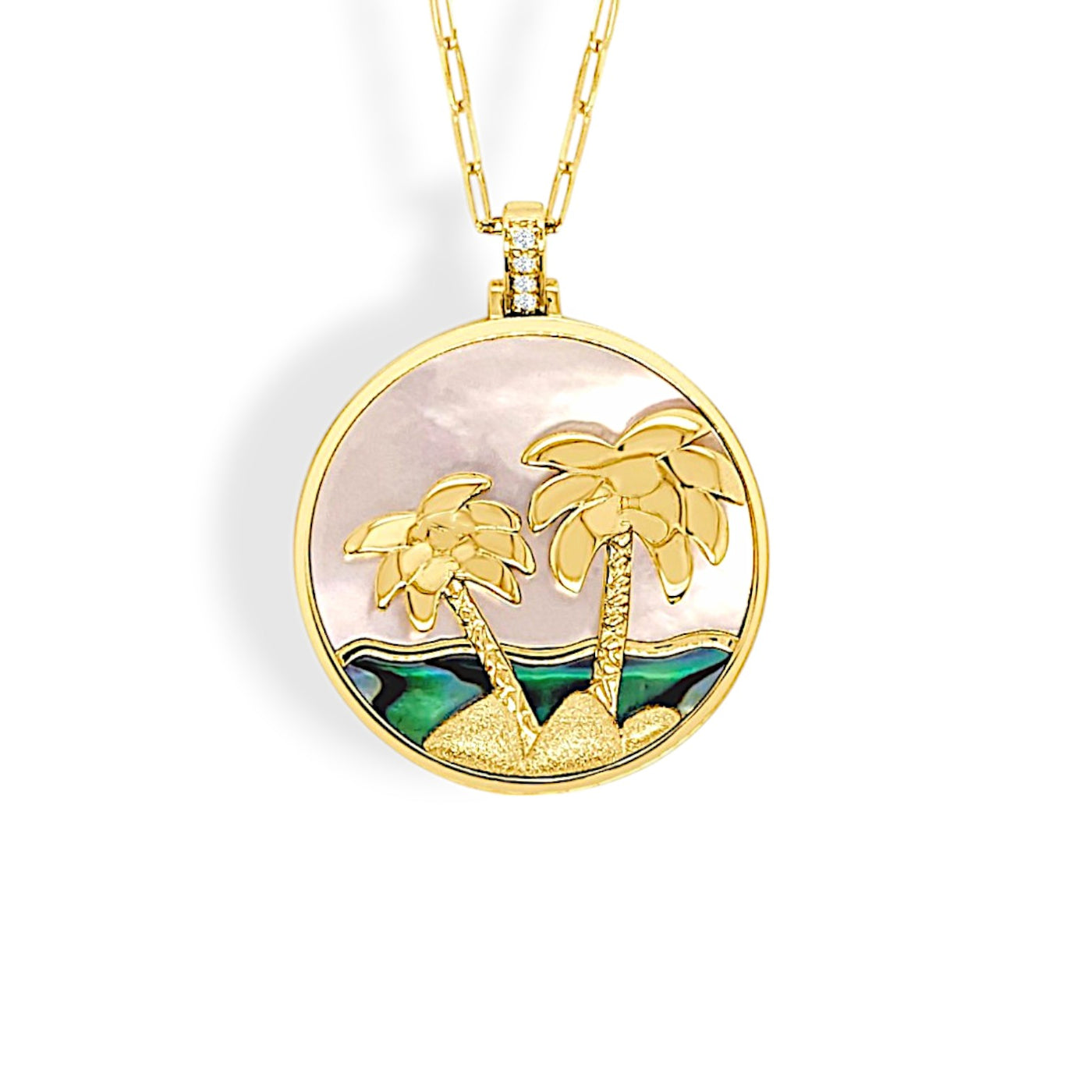 14K Yellow Abalone,Mother of Pearl and Natural Diamond 18 inch Necklace