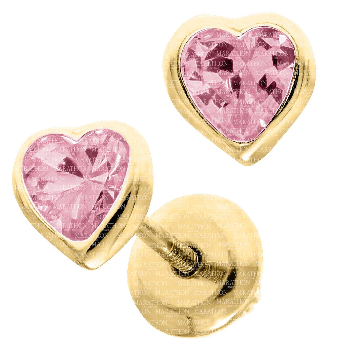 14K Yellow Pink Heart Stud Earrings with Threaded Posts