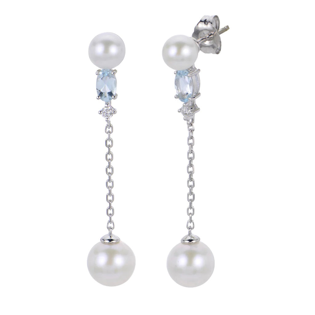 14K White 7 mm Fresh Water Pearl, Aquamarine and Natural Diamond Dangle Earrings