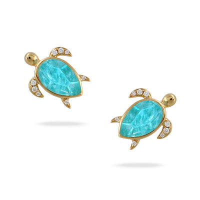 18K Yellow Amazonite and Natural Diamond Turtle Earrings