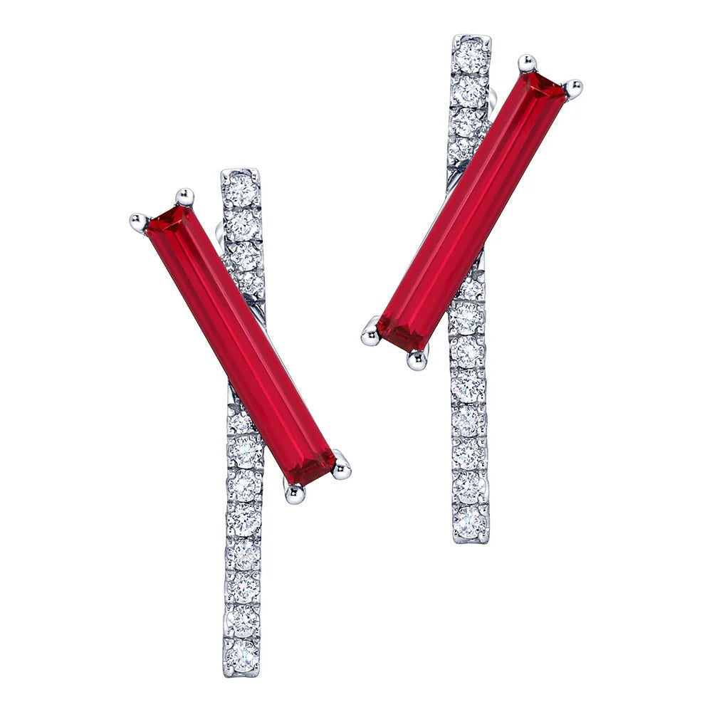 14K White Gold Chatham Ruby and Lab Grown Diamond Earrings