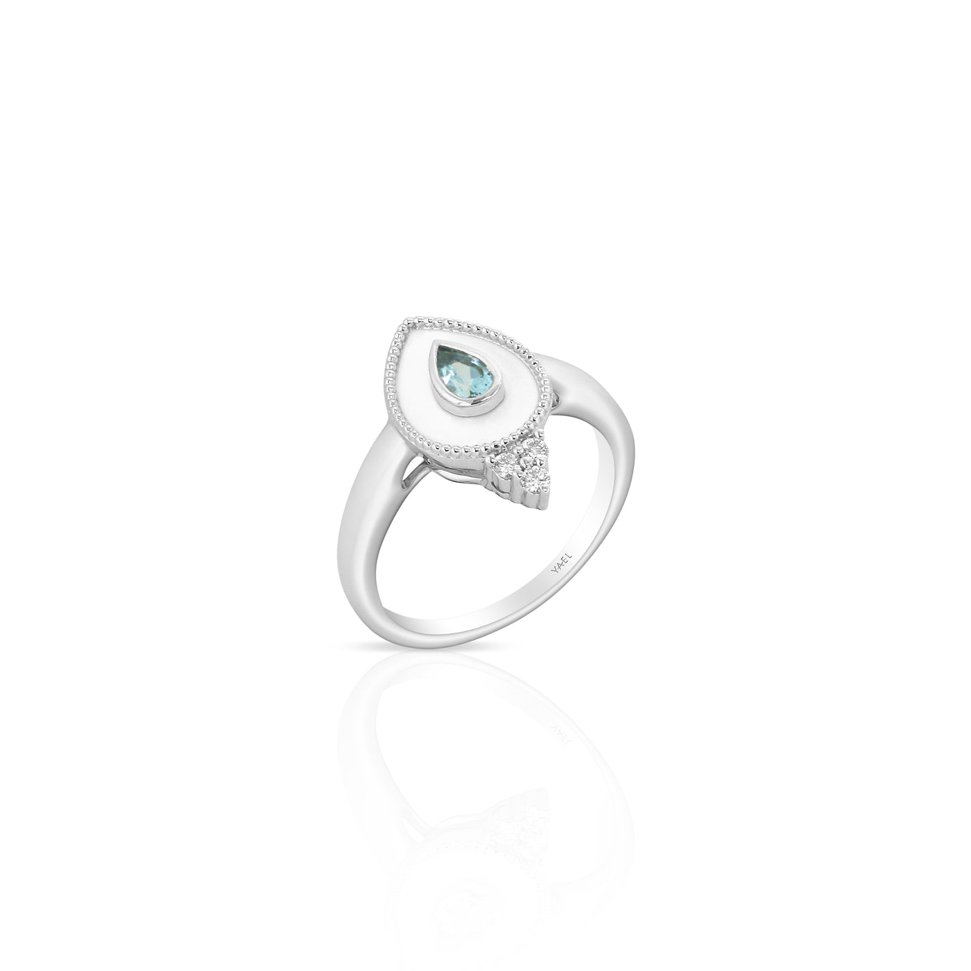 14K White Contemporary White Enamel, Aquamarine and Natural Diamond Ring Size 6.5