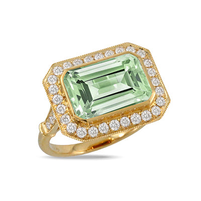 18K Yellow Halo Green Amethyst and Natural Diamond Ring Size 6.5