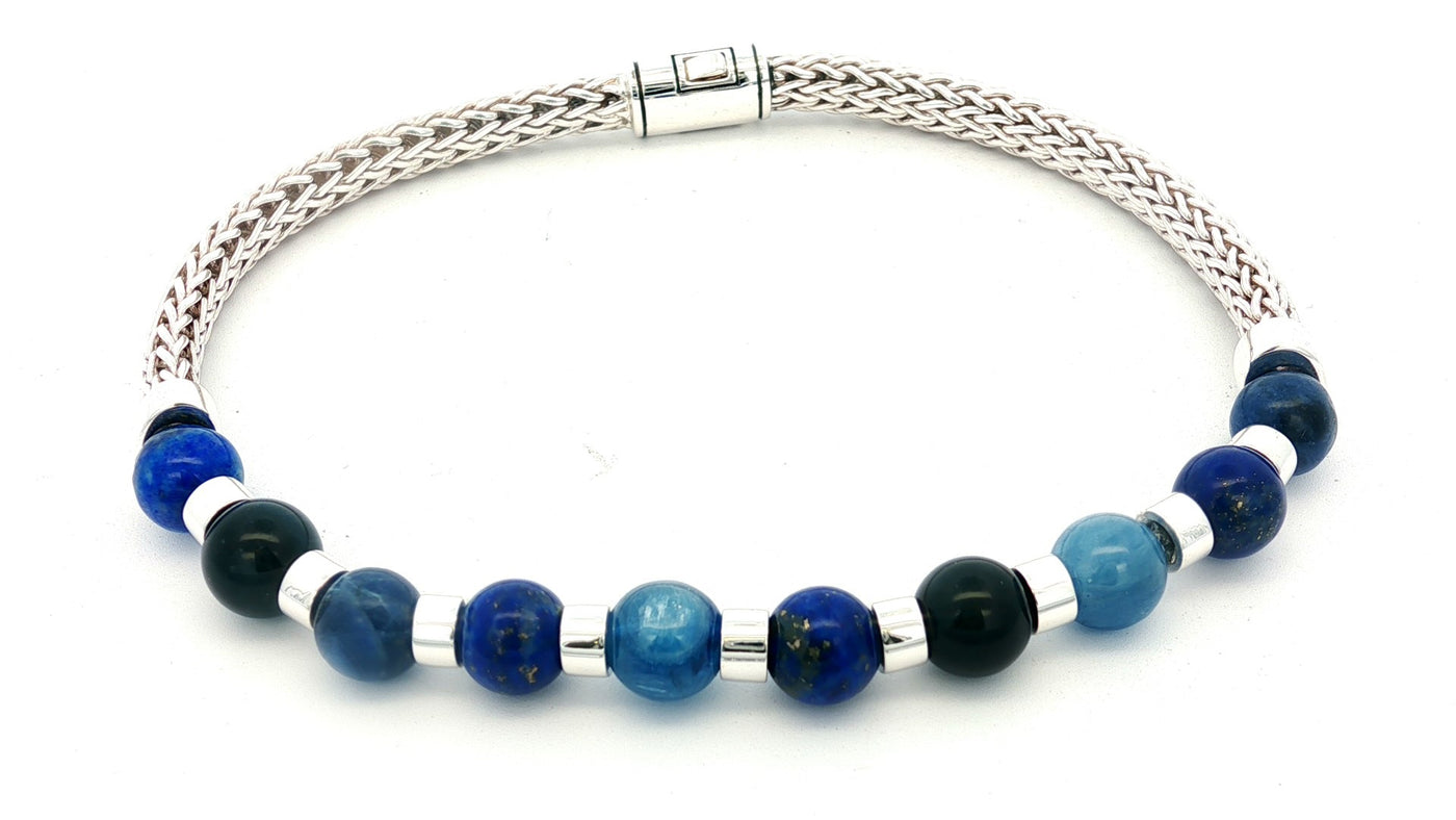 Sterling Silver Kyanite, Lapis, Sodalite, and Blue Tiger Eye Beaded Bracelet
