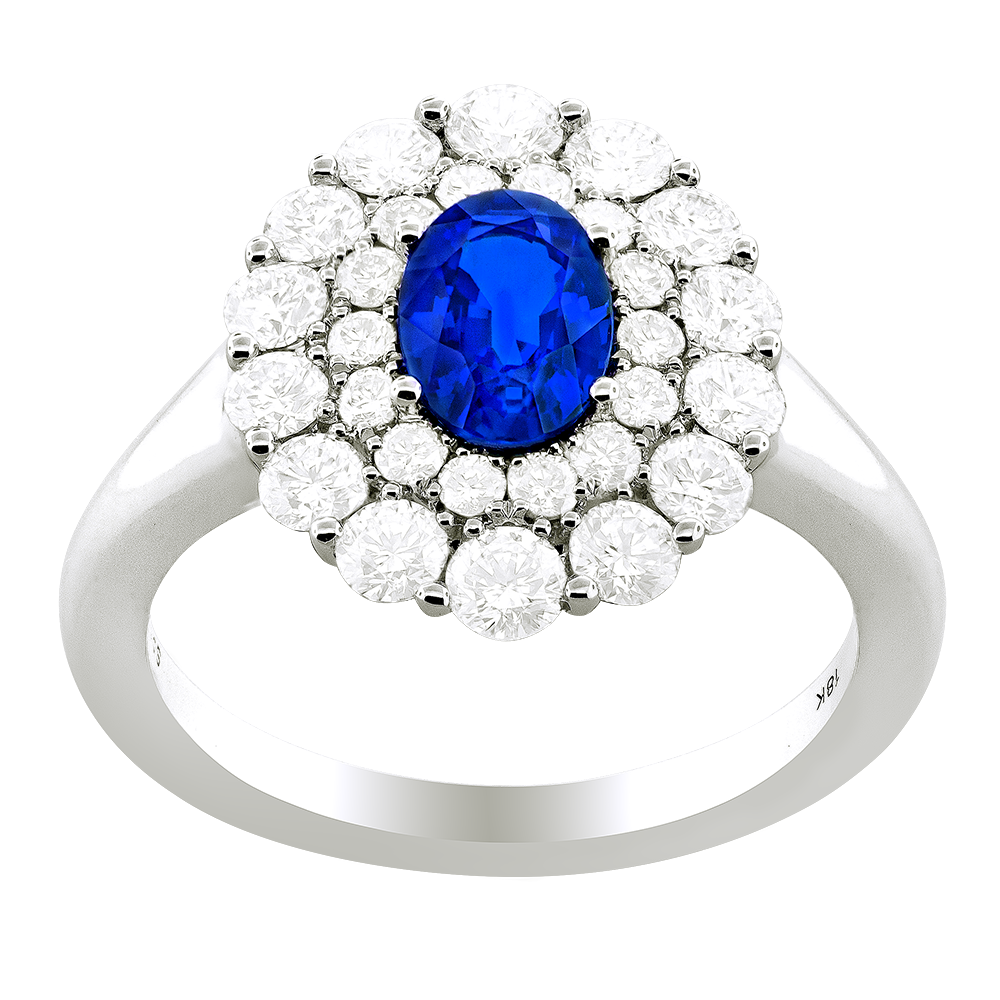 18K White Double Halo Sapphire and Natural Diamond Ring Size 6.5