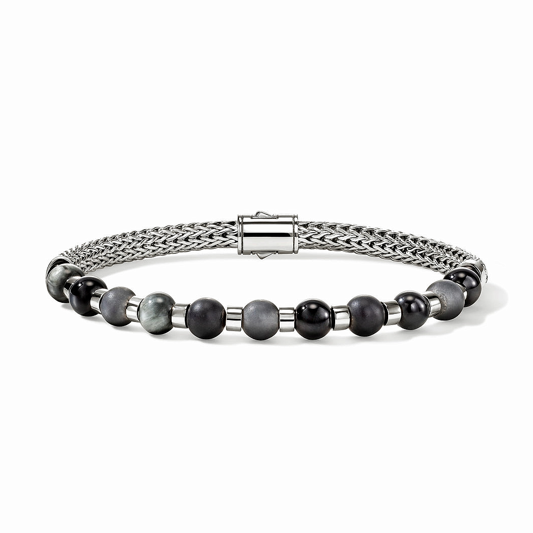 Sterling Silver Black Onyx, Hematite, and Eagle Eye Beaded Bracelet