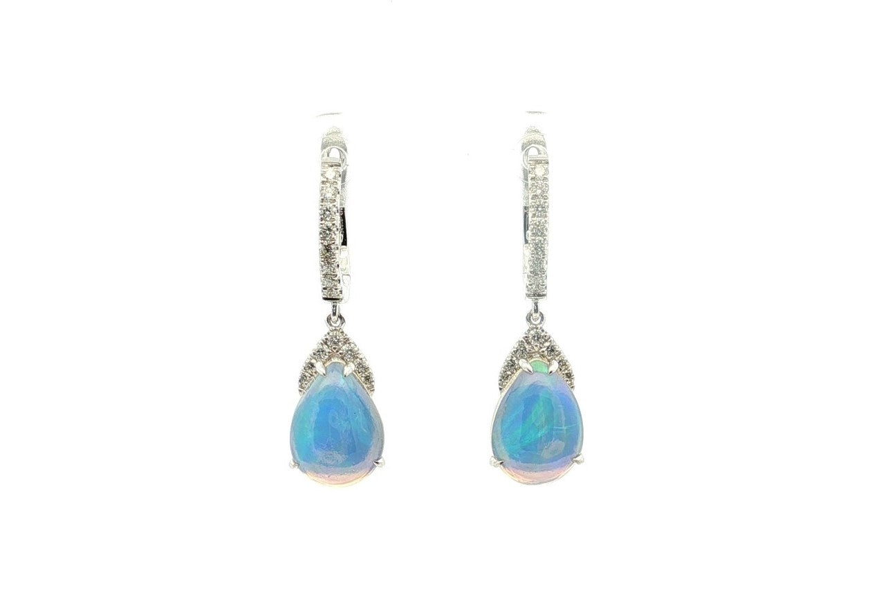 14K White Opal and Natural Diamond Dangle Earrings