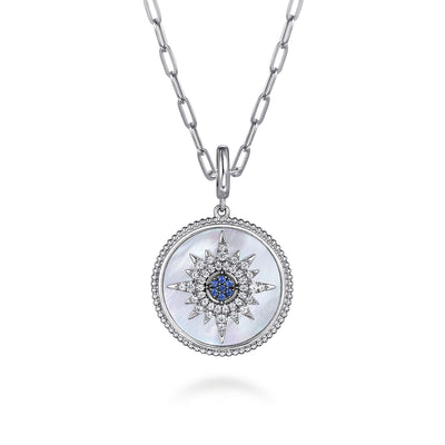 Sterling Silver Mother of Pearl Sapphire Medallion Pendant