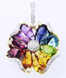14K Yellow Multi-Colored Gemstones and Natural Diamond Pendant