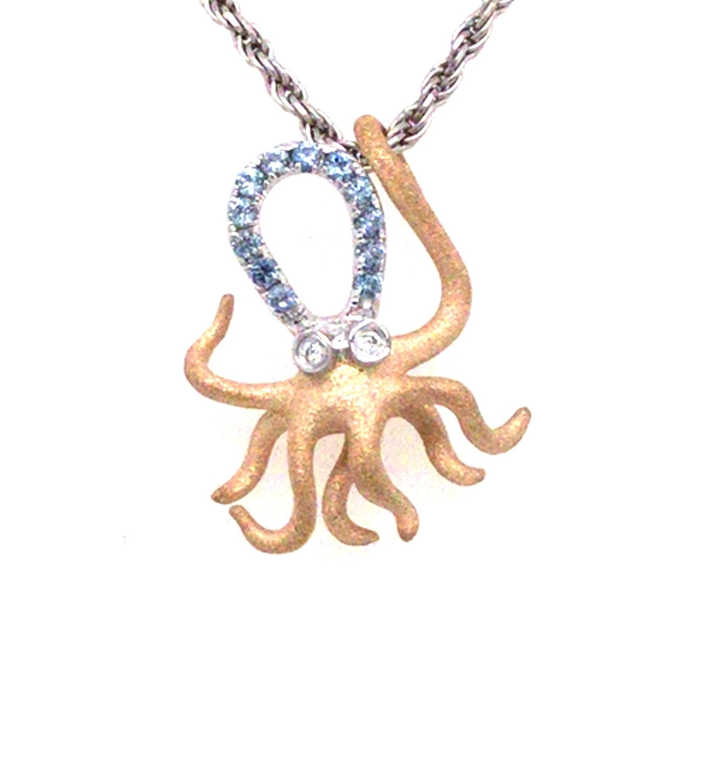 14K Yellow & White Blue Sapphire and Natural Diamond Octopus Pendant
