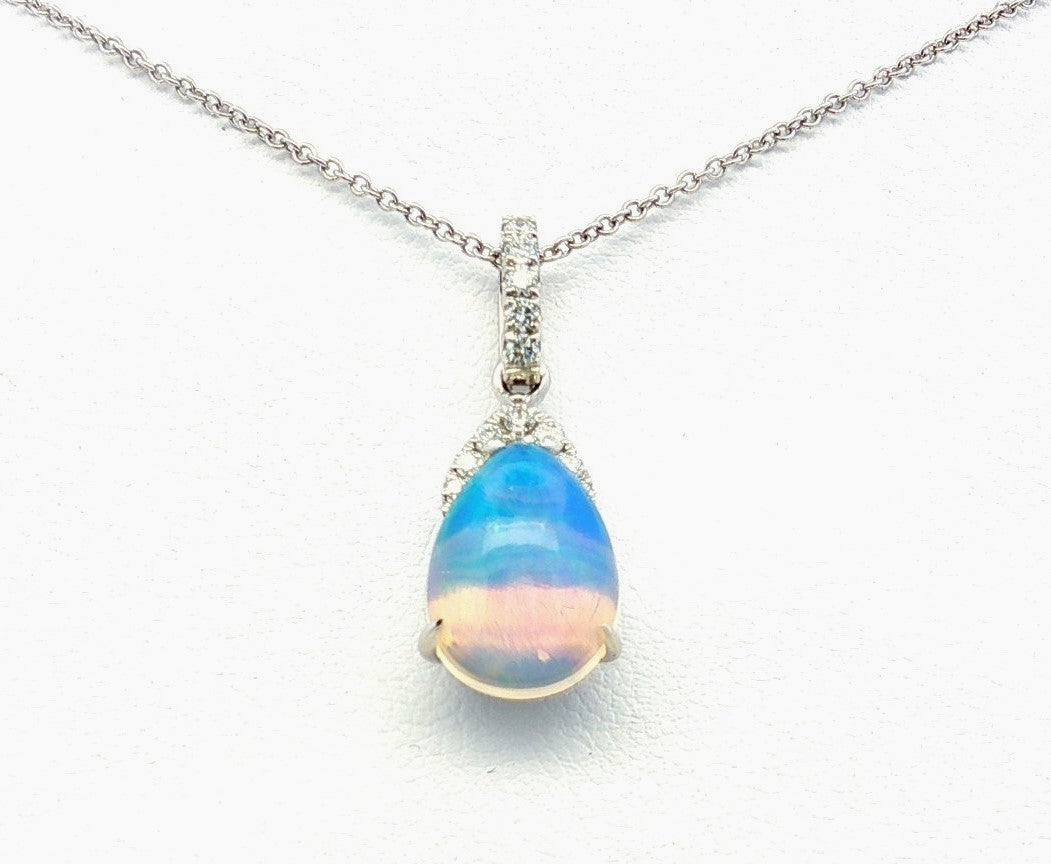 14K White Opal and Natural Diamond Pendant