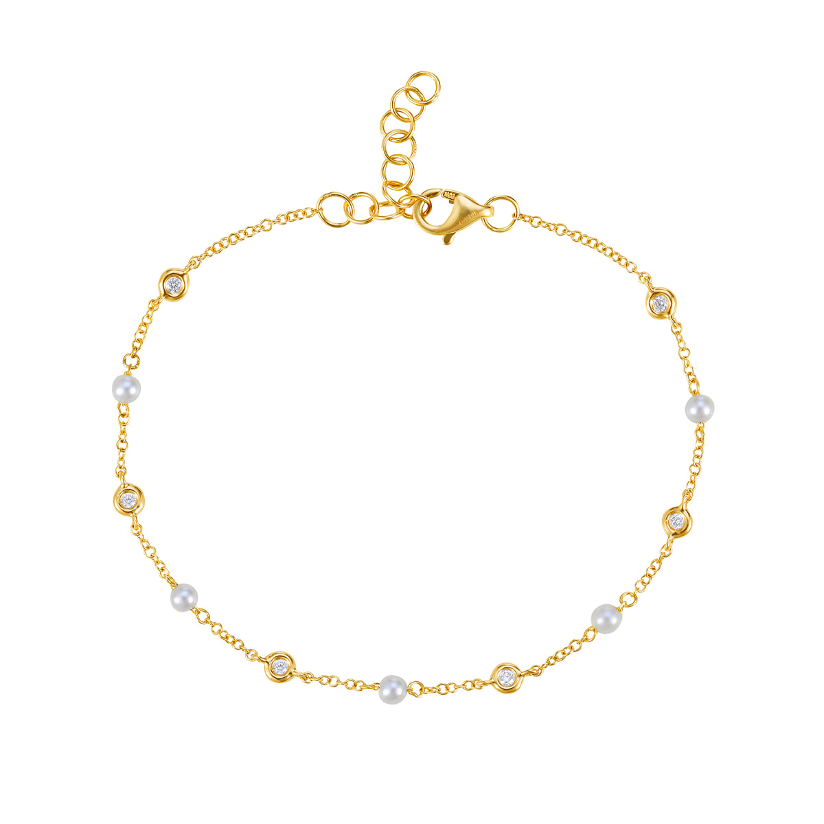 14K Yellow Gold Natural Diamond and Fresh Water Pearl Station Bracelet