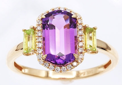 14K Yellow Gold 3 Stone Amethyst, Peridot and Natural Diamond Ring