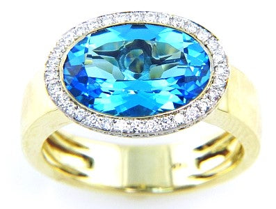 14K Yellow Gold Blue Topaz and Natural Diamond Ring