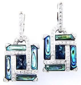 14K White Abalone, Blue Topaz and Natural Diamond Dangle Earrings