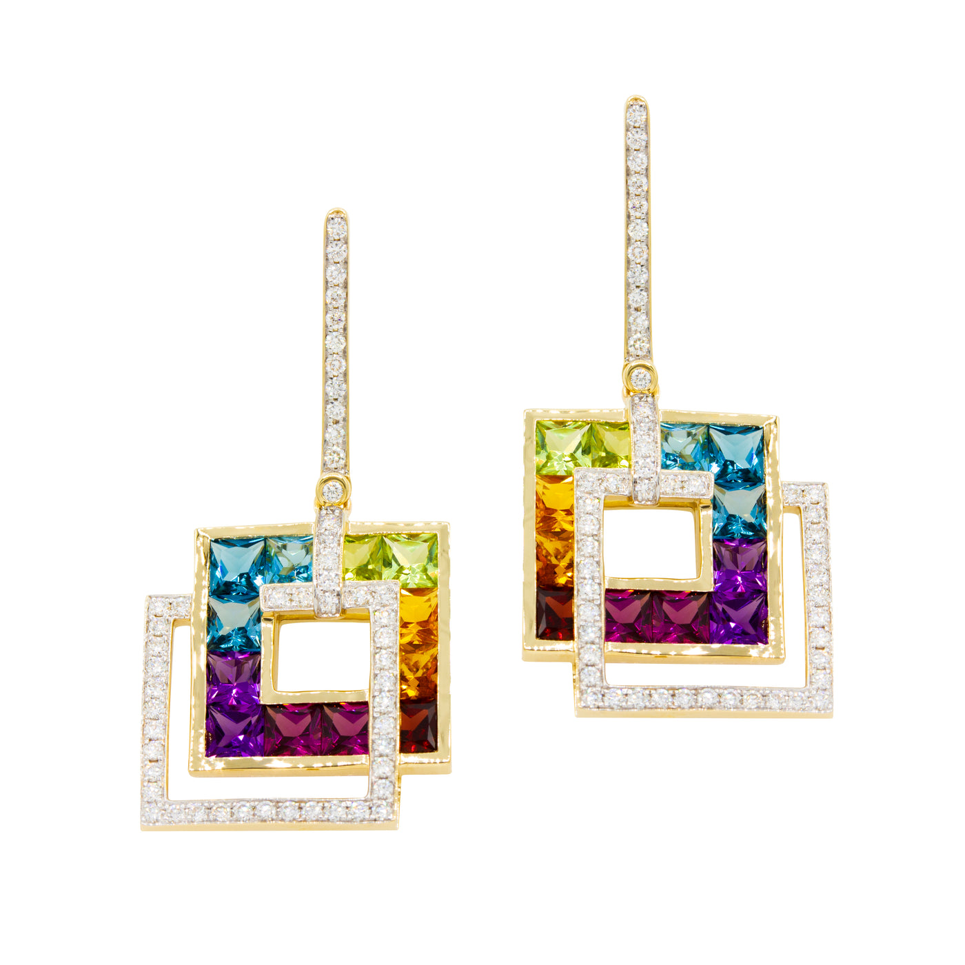 14K Yellow Multi-Colored Gemstone and Natural Diamond Dangle Earrings