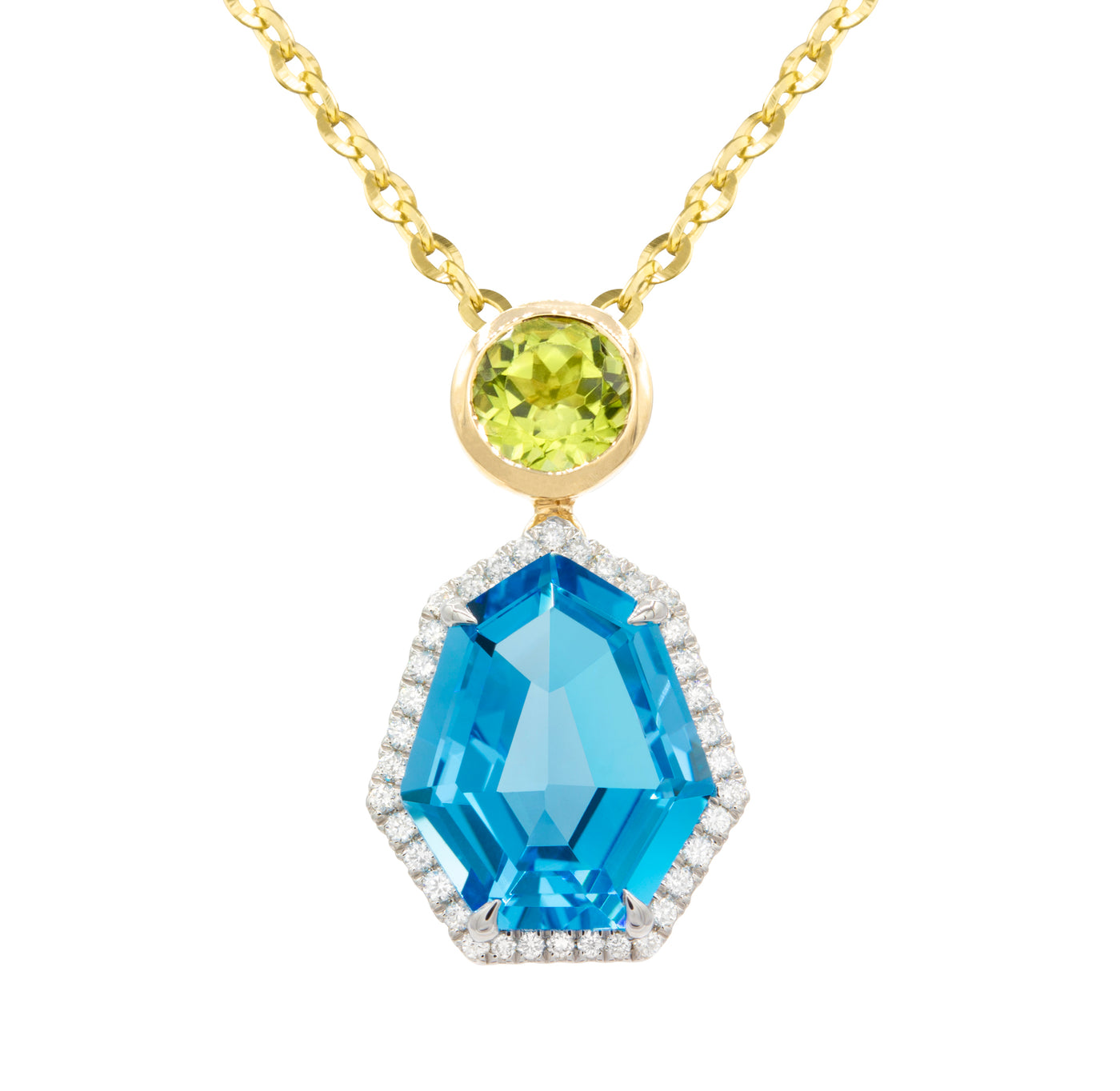 14K Yellow & White Blue Topaz, Peridot and Natural Diamond 18 inch Necklace