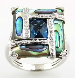 14K White Contemporary Abalone, Blue Topaz and Natural Diamond Ring Size 7