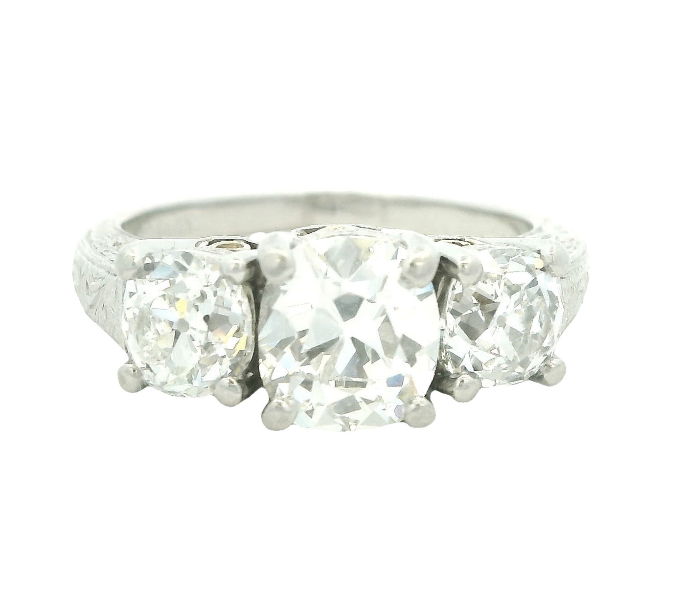 Platinum Antique Cushion Natural Diamond Three Stone Engagement Ring